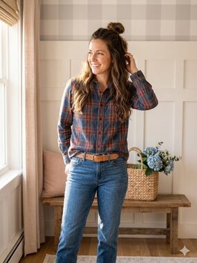 L.L. Bean Navy and Red Plaid Flannel Button-Down Small